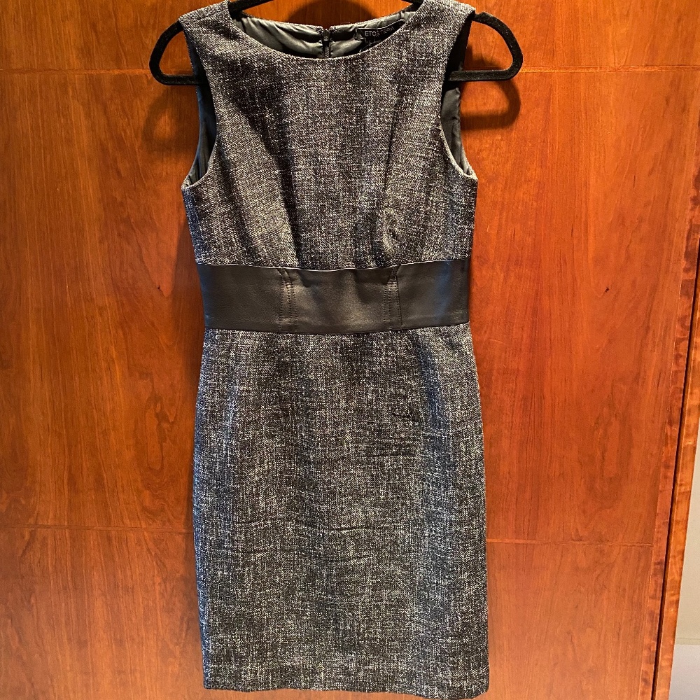 Womens Black and White Tweed Sheath Dress with Faux Leather Waist Band